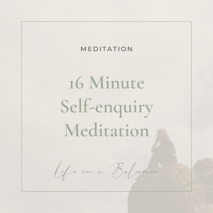 16 minute self-enquiry meditation text on top of a background image of a woman sat on a cliff thinking